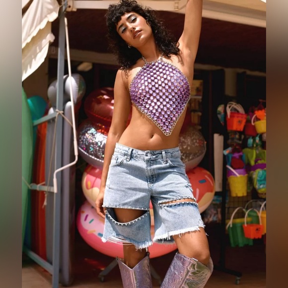 Nasty Gal NWOT Gem Detail Chainmail Halterneck Top - Picture 1 of 4